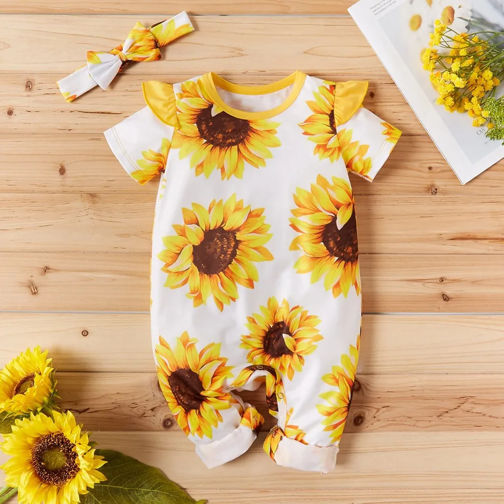 

baby girl clothes Toddler Baby Girls Short Sleeve Sunflower Printed Romper+Headbands Outfit боди для новоѬожден боди dropship#5